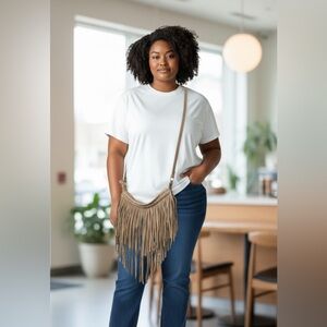 Crown Vintage Fringe Crossbody Bag Tan‎ Boho Festival Purse